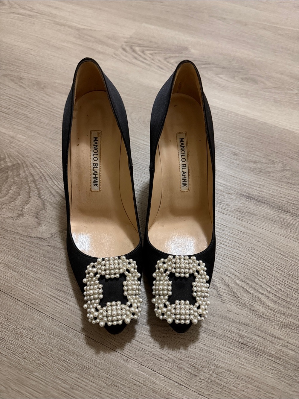 Manolo Blahnik Black Satin Pumps with Pearl Buckle